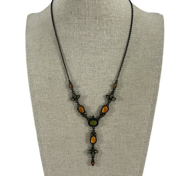 Vintage Nina Ricco Avon Y Lariat Necklace Orange Gunmetal Chain Boho Gothic - Picture 9 of 9